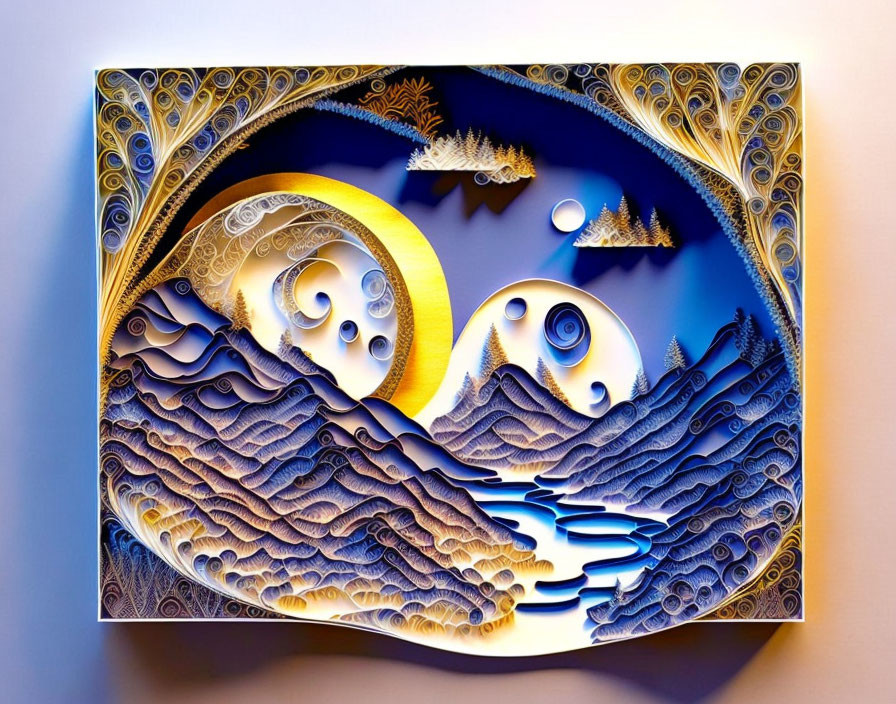 Colorful 3D paper art: Sun, moon, waves, intricate patterns