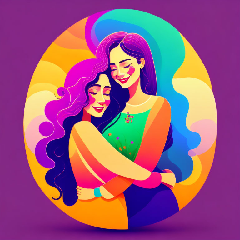 Stylized women embracing with vibrant hair on purple background