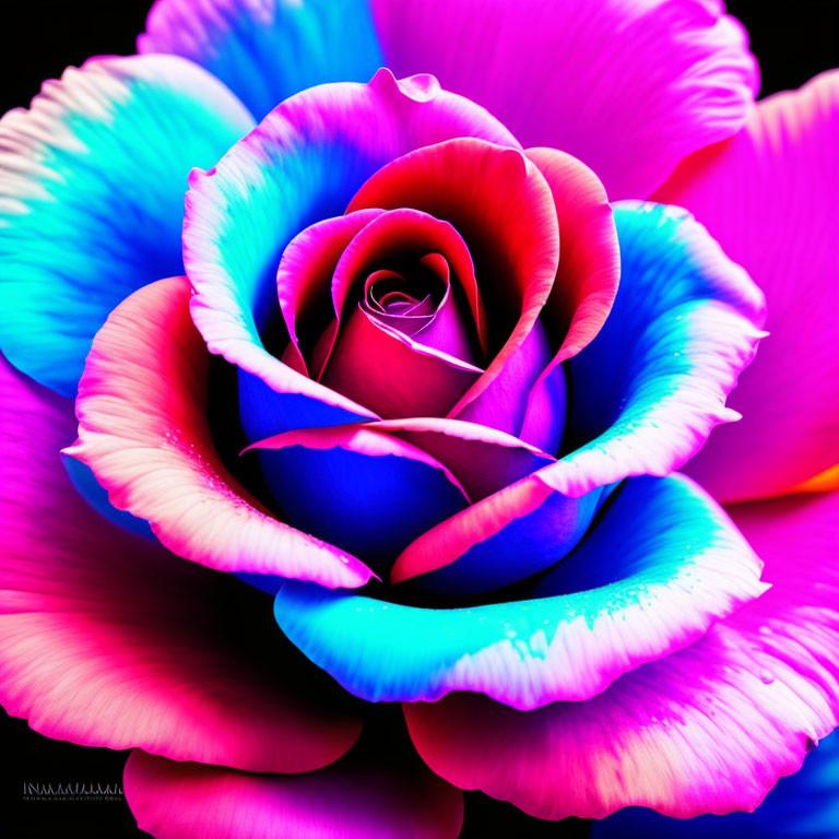 Vibrant blue, pink, and purple rose on dark background