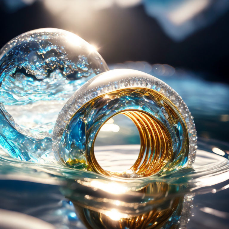 Close-Up Sparkling Diamond Ring with Water Droplets and Reflective Sphere