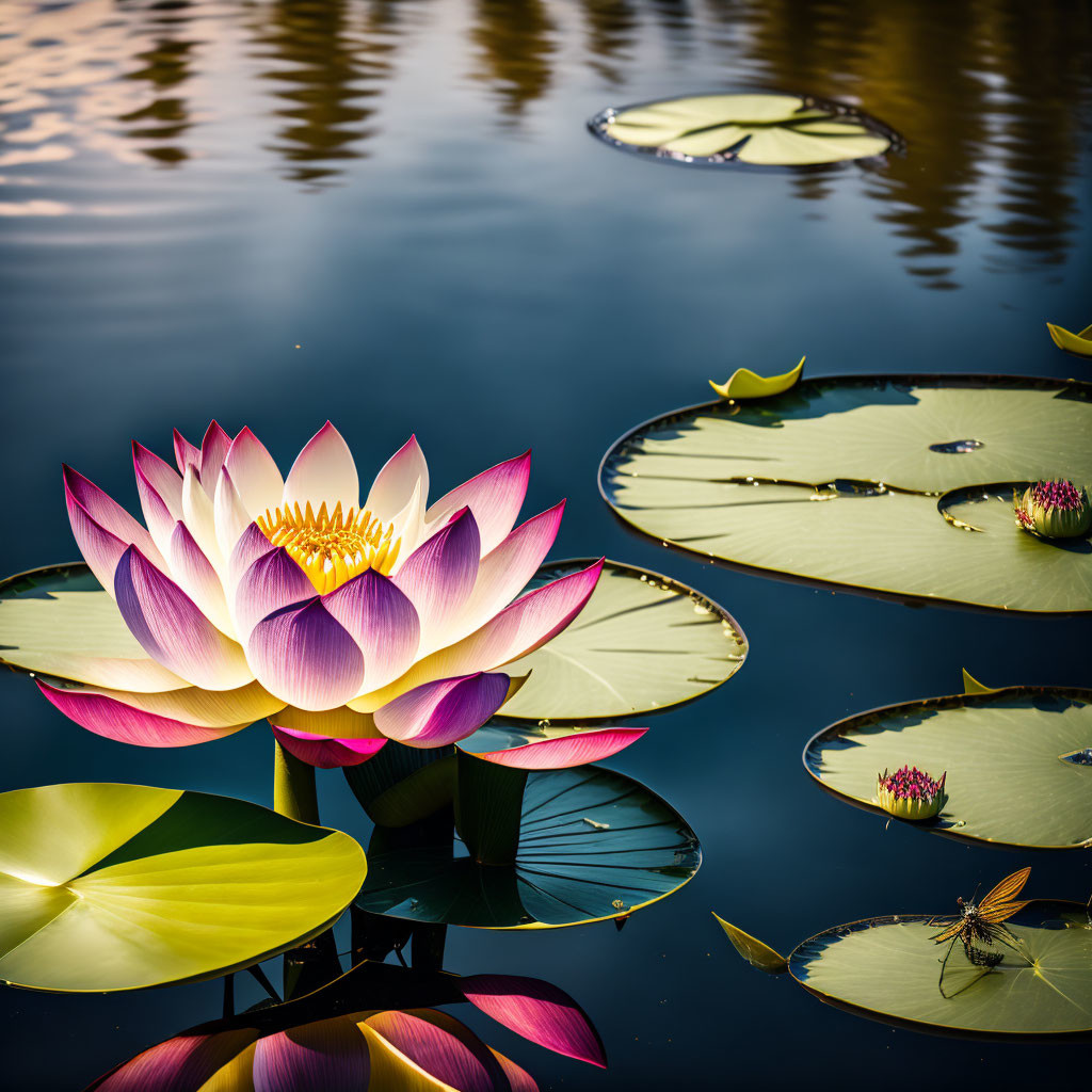 Vibrant water lily blooming on tranquil water with floating pads at dusk