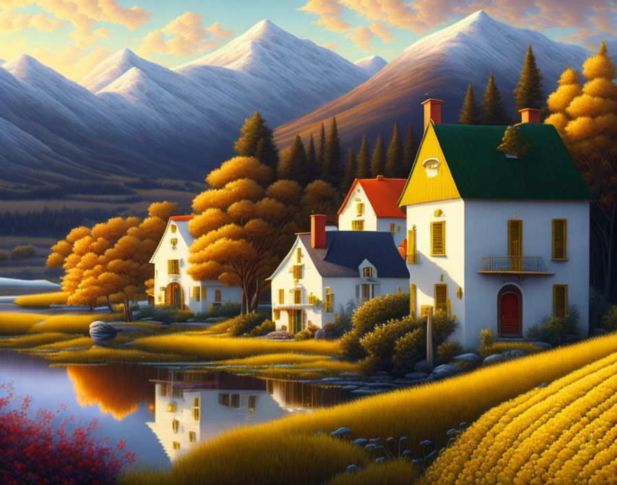 Tranquil autumn scene: cottages, reflective lake, golden trees, snow-capped mountains at