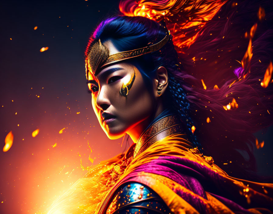 Warrior in Vibrant Armor with Golden Headband and Fiery Background