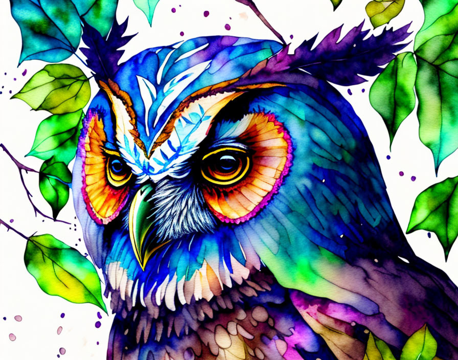 Colorful Watercolor Owl Illustration with Feathers and Leaves