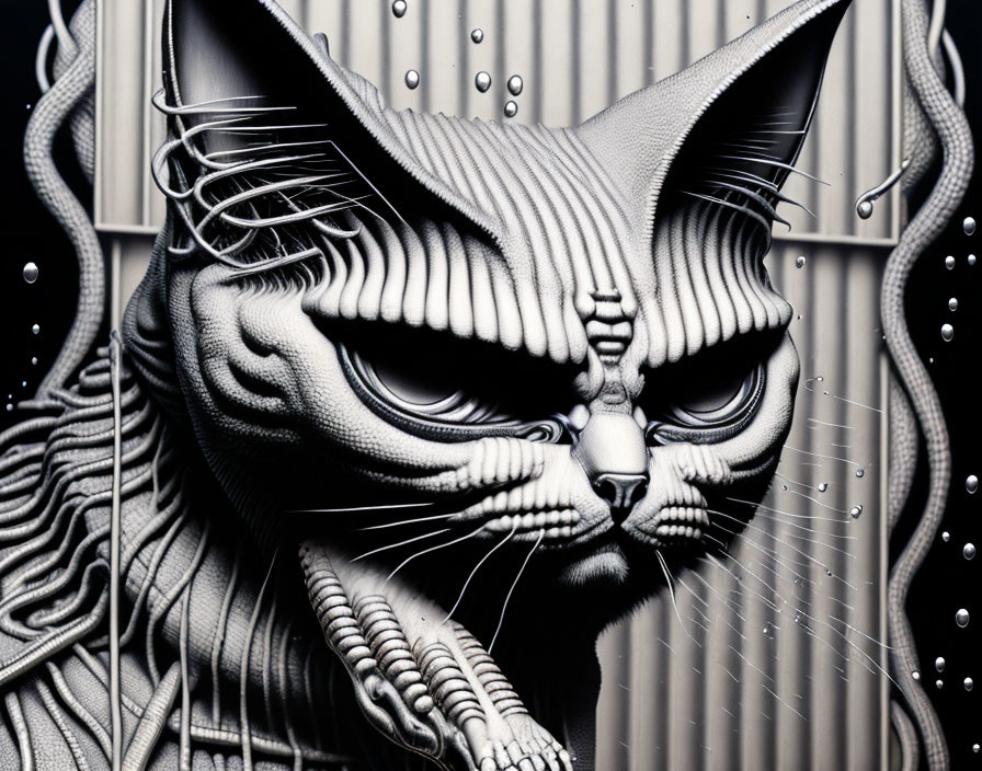 Monochrome digital artwork of stylized cat with intricate patterns and textures