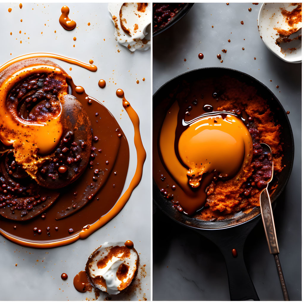 Diptych of desserts with caramel sauce: bundt cake with nuts and skillet pudding with caramel dr