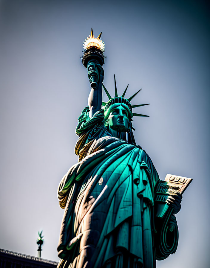 Statue of Liberty Torch and Crown Against Blue Sky