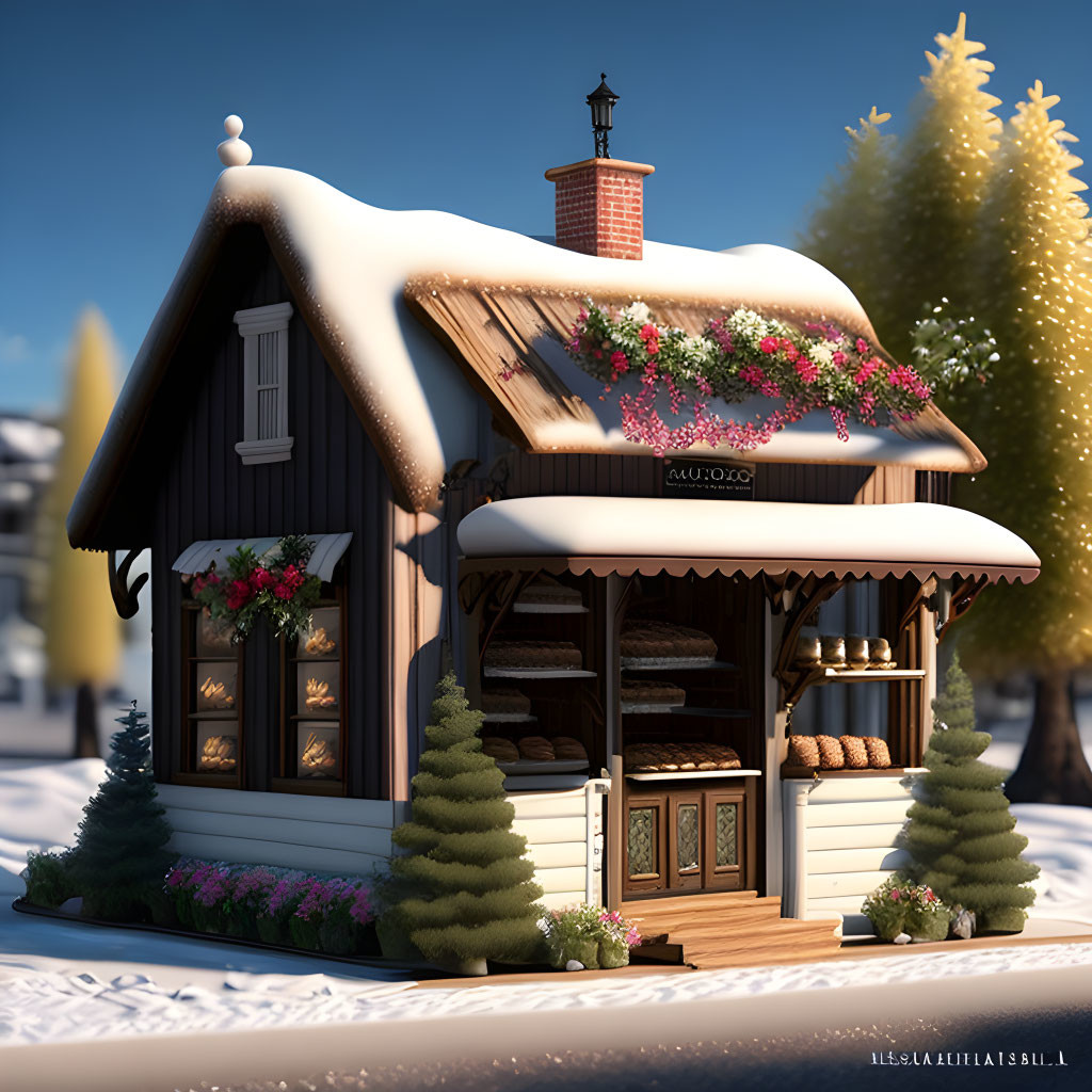 Snow-covered winter bakery with festive decorations