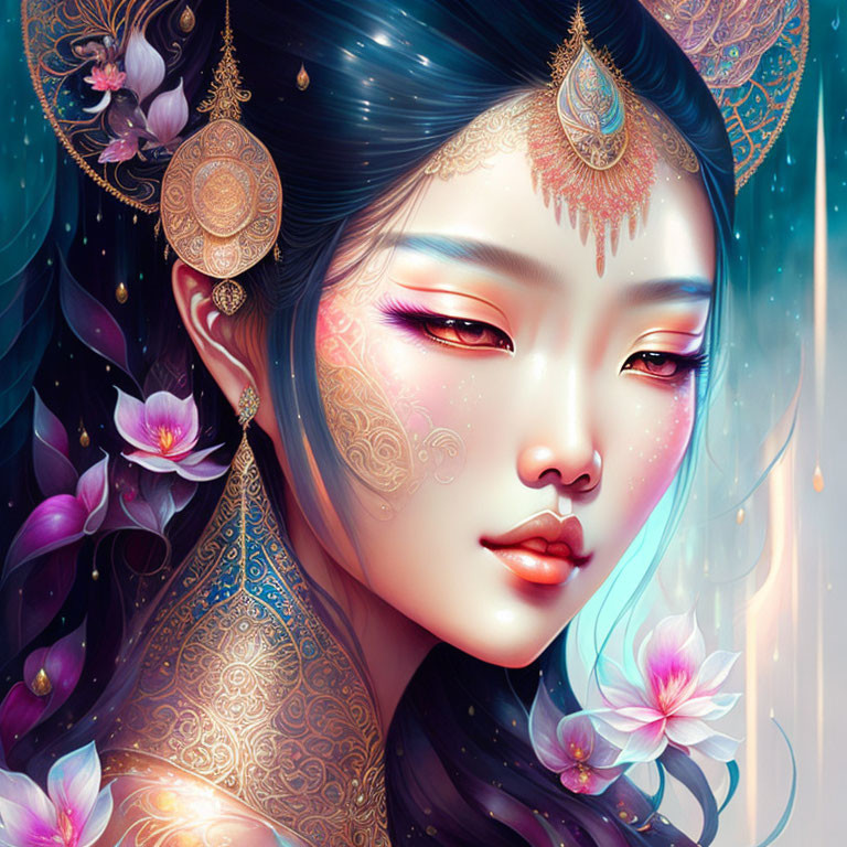 Illustration of ethereal woman with blue hair, gold jewelry, and pink blossoms.