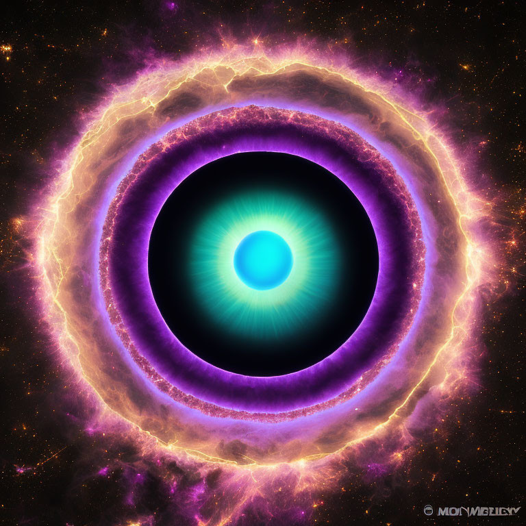 Vibrant cosmic image: Blue glowing core with purple and orange rings on star-filled black background