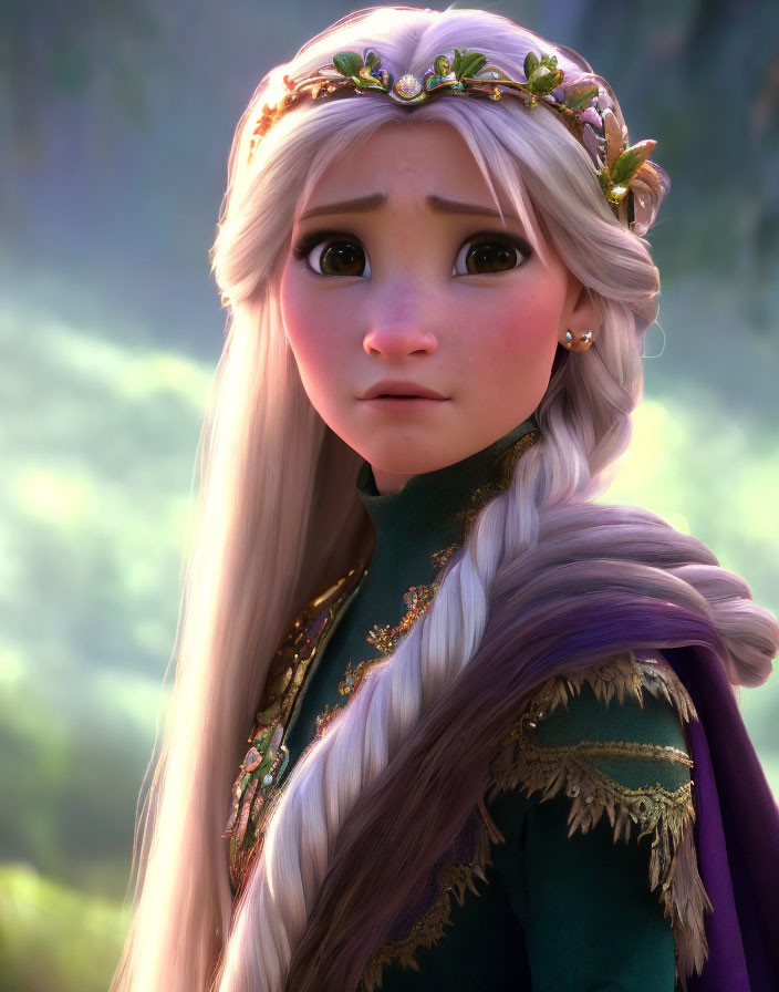 Long-haired 3D animated character in crown and green outfit shows concern against blurred nature backdrop