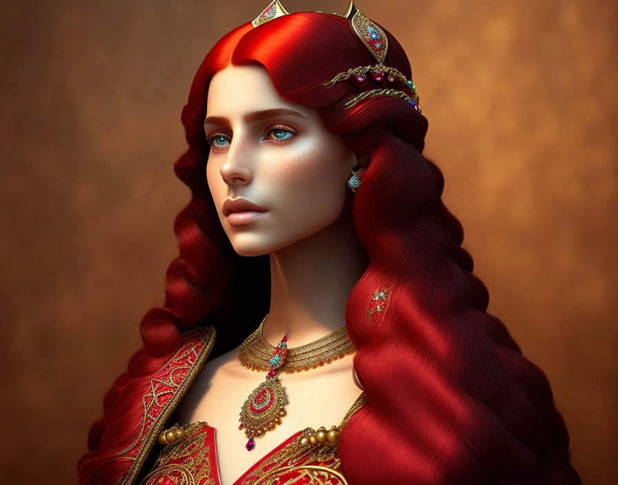 3D-rendered image: Woman with red hair, blue eyes, gold & ruby jewelry