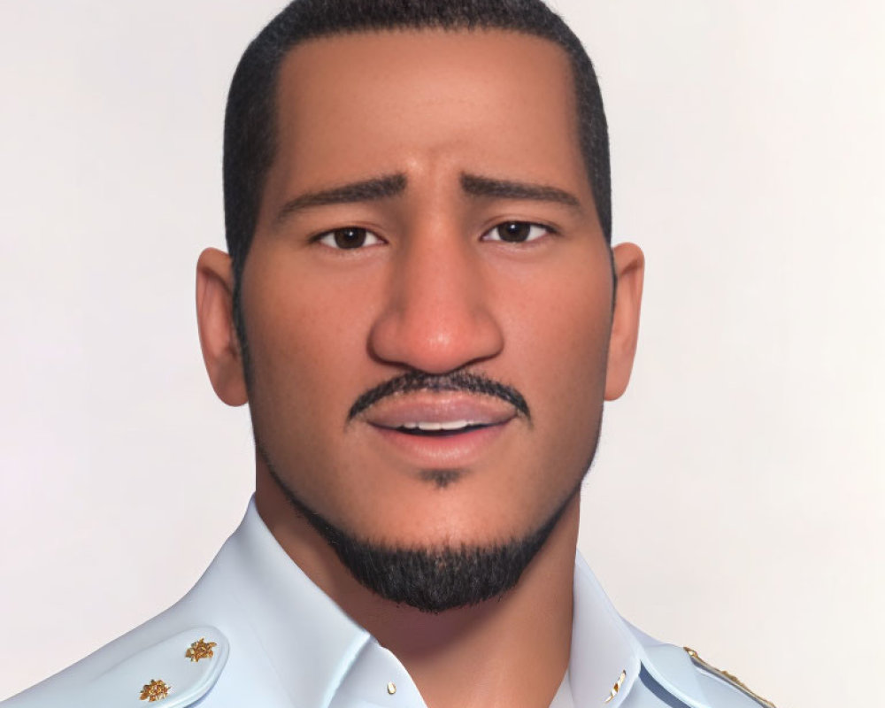 Portrait of a man with short black hair, mustache, and beard in light blue shirt