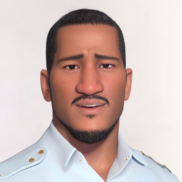 Portrait of a man with short black hair, mustache, and beard in light blue shirt