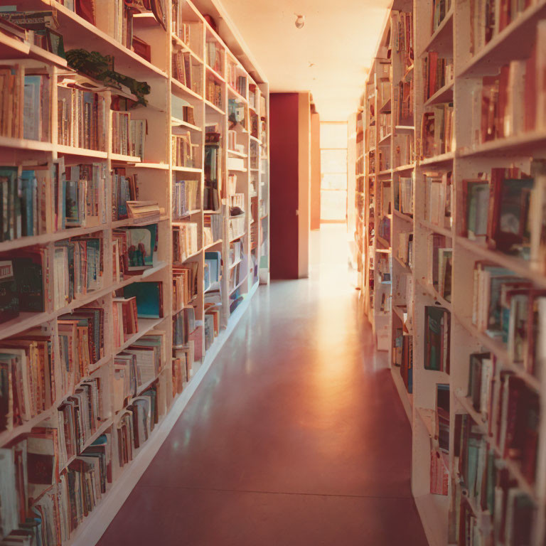 Sunlit Library Corridor with Books and Bright Exit