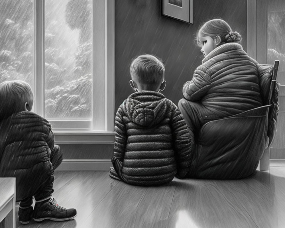 Children in warm jackets by large window on cloudy day.