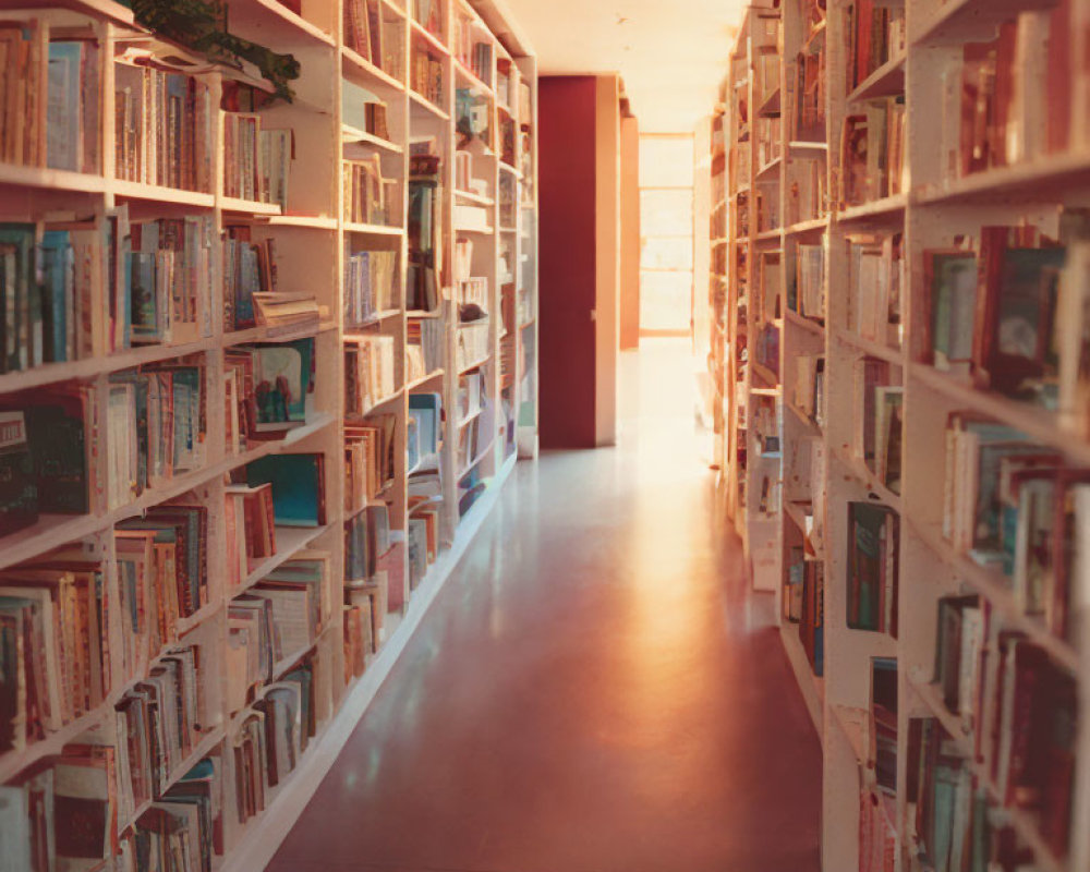 Sunlit Library Corridor with Books and Bright Exit