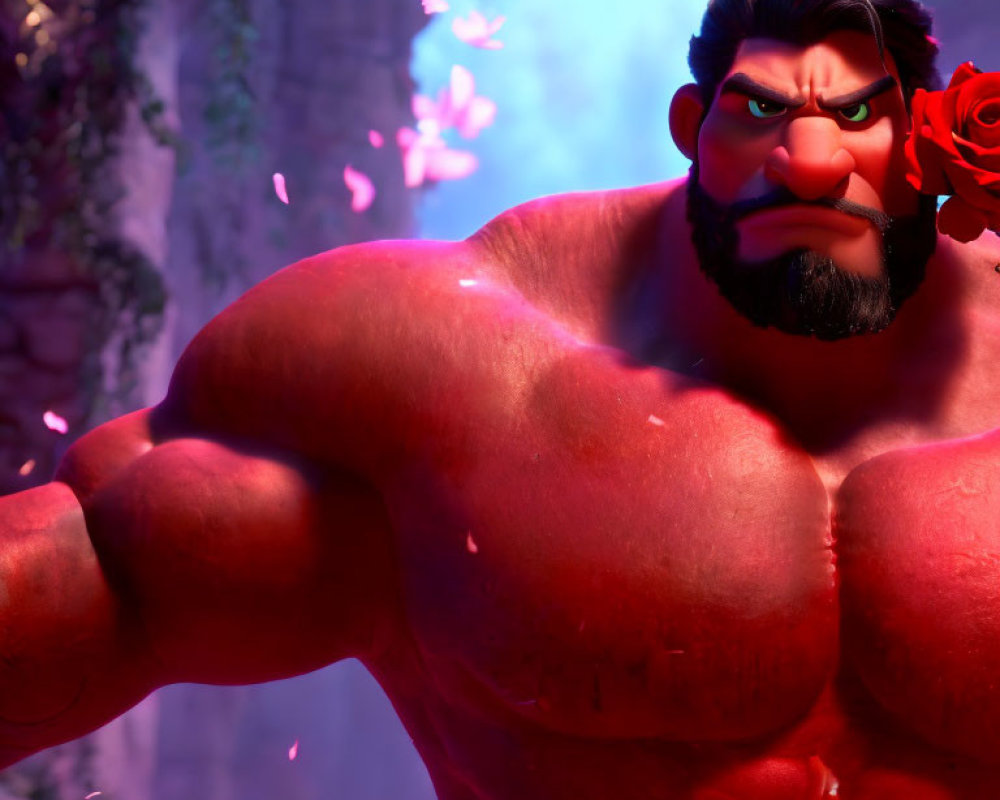 Muscular animated character with red complexion and black hair in mystical setting