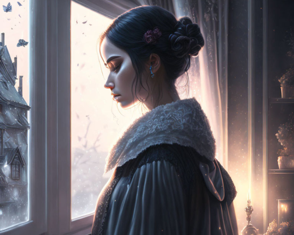 Woman in dark dress gazes out frosty window at snowy scene with candlelight