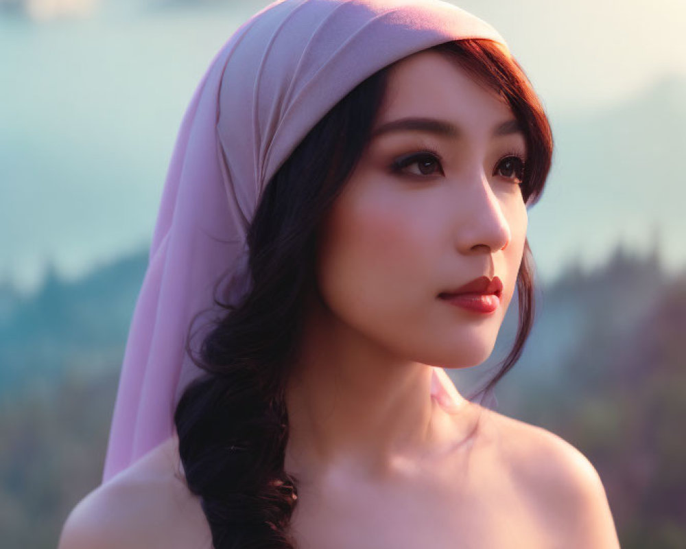 Woman in pink headscarf and dress gazing in nature with warm lighting