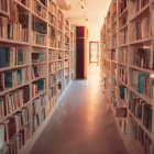 Sunlit Library Corridor with Books and Bright Exit