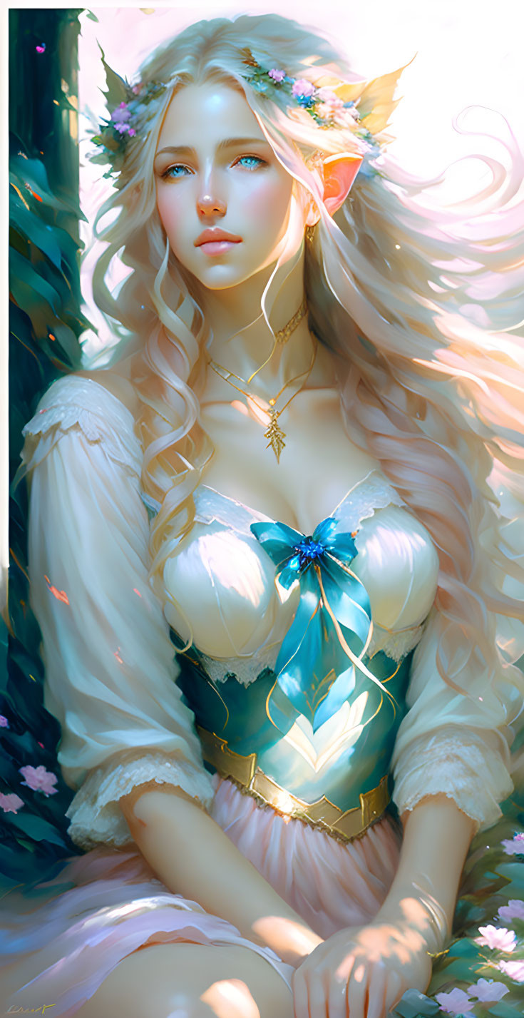 Ethereal woman with elf-like ears in floral crown in fantasy art