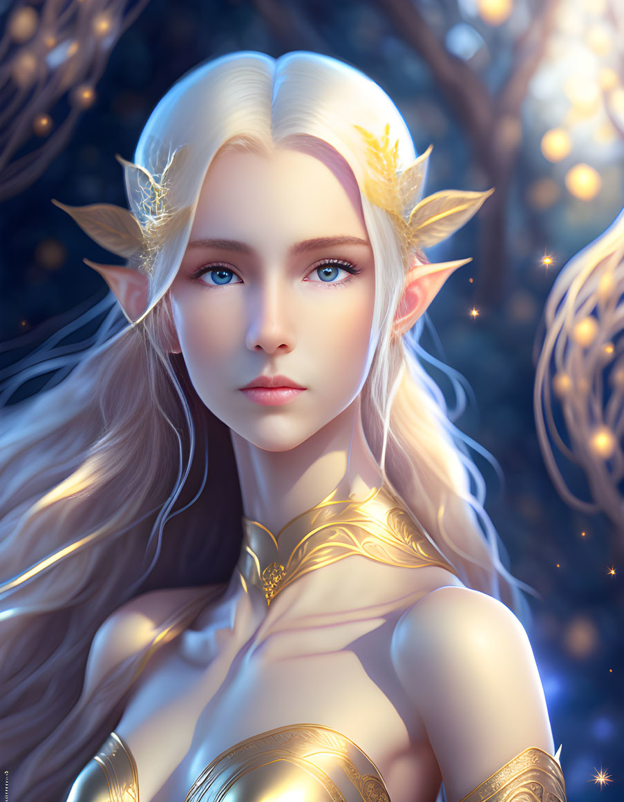 Ethereal elf in golden armor with leaf-shaped earrings in a blue forest