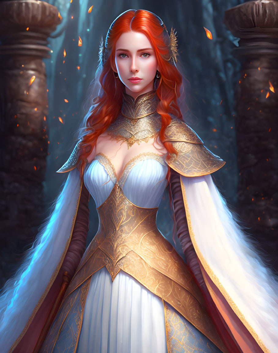 Regal woman with fiery red hair in golden armor in mystical forest