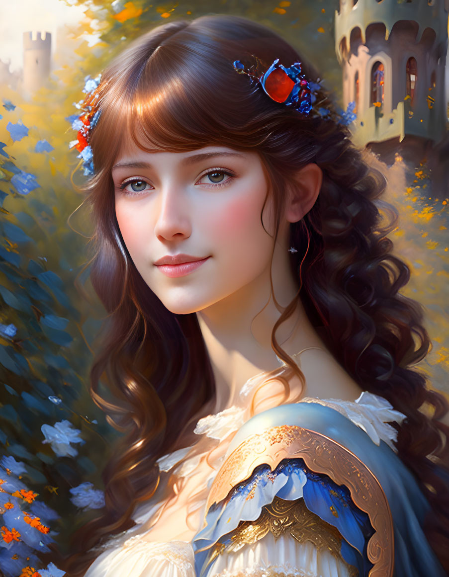 Digital portrait of young woman with wavy hair, blue and red flowers, medieval attire, and blurred