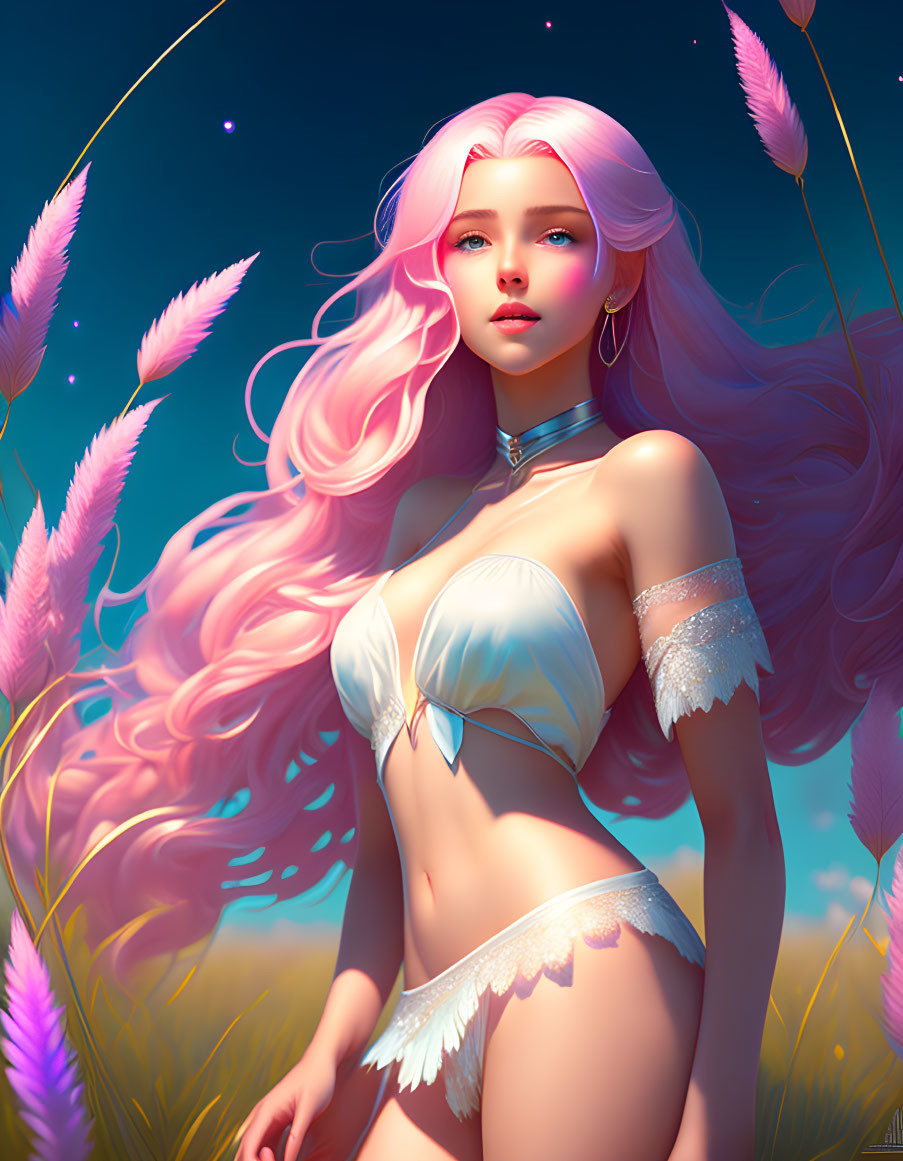 Digital artwork: Woman with pink hair and blue eyes in fantasy outfit, surrounded by purple flora in a