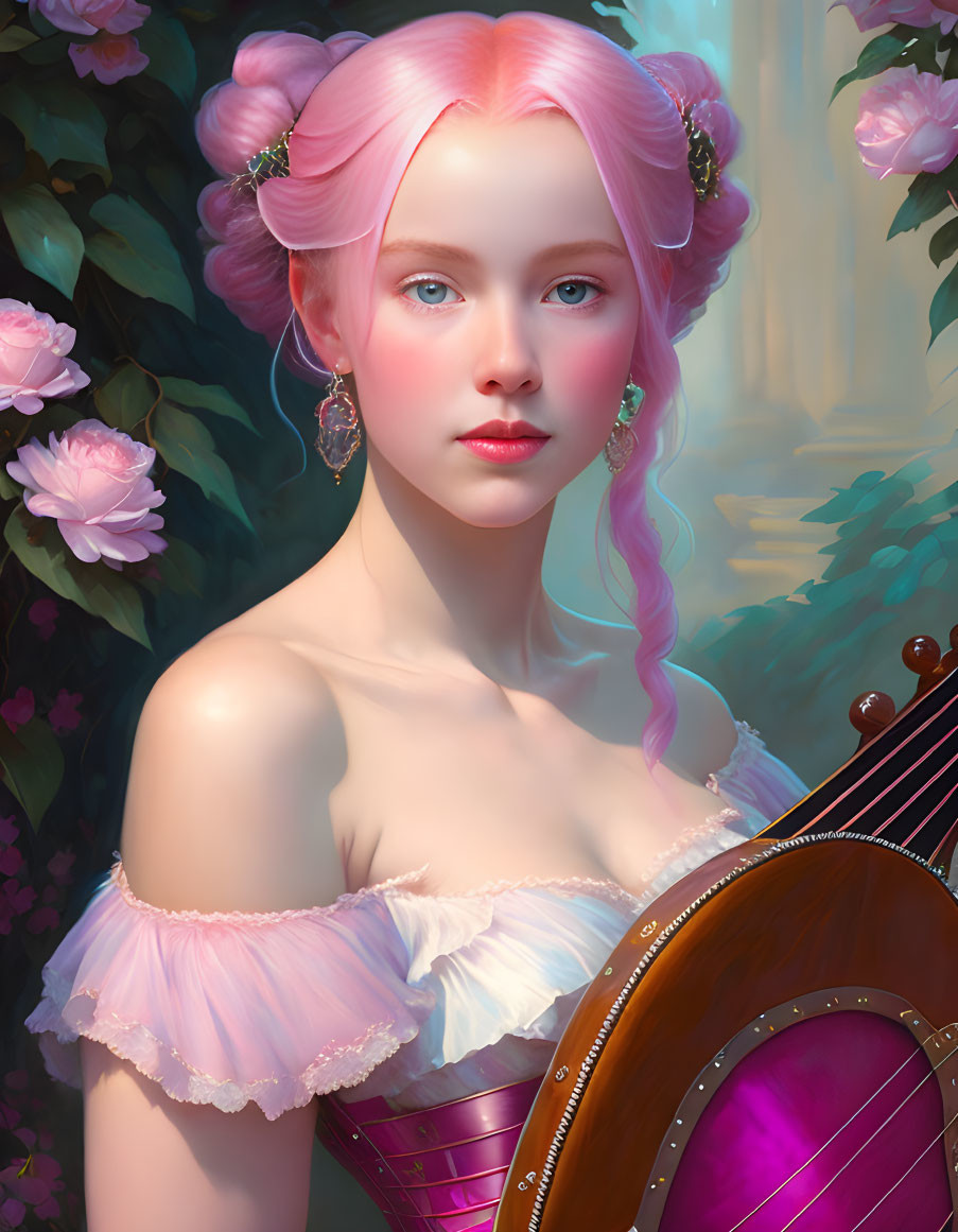 Digital artwork: Woman with pink hair playing harp in flower-filled setting