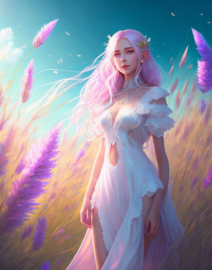 Pink-haired woman in white dress surrounded by tall purple grass under blue sky