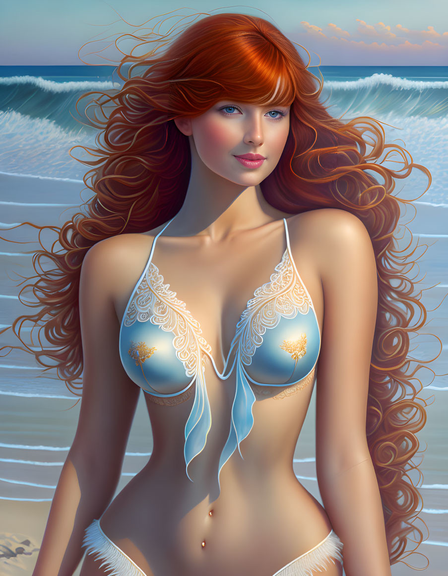 Illustrated woman with red hair in blue bikini by ocean