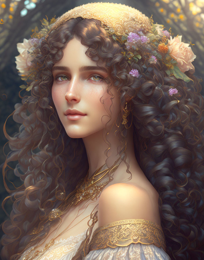 Young woman with curly hair and floral adornments in digital portrait against woodland backdrop