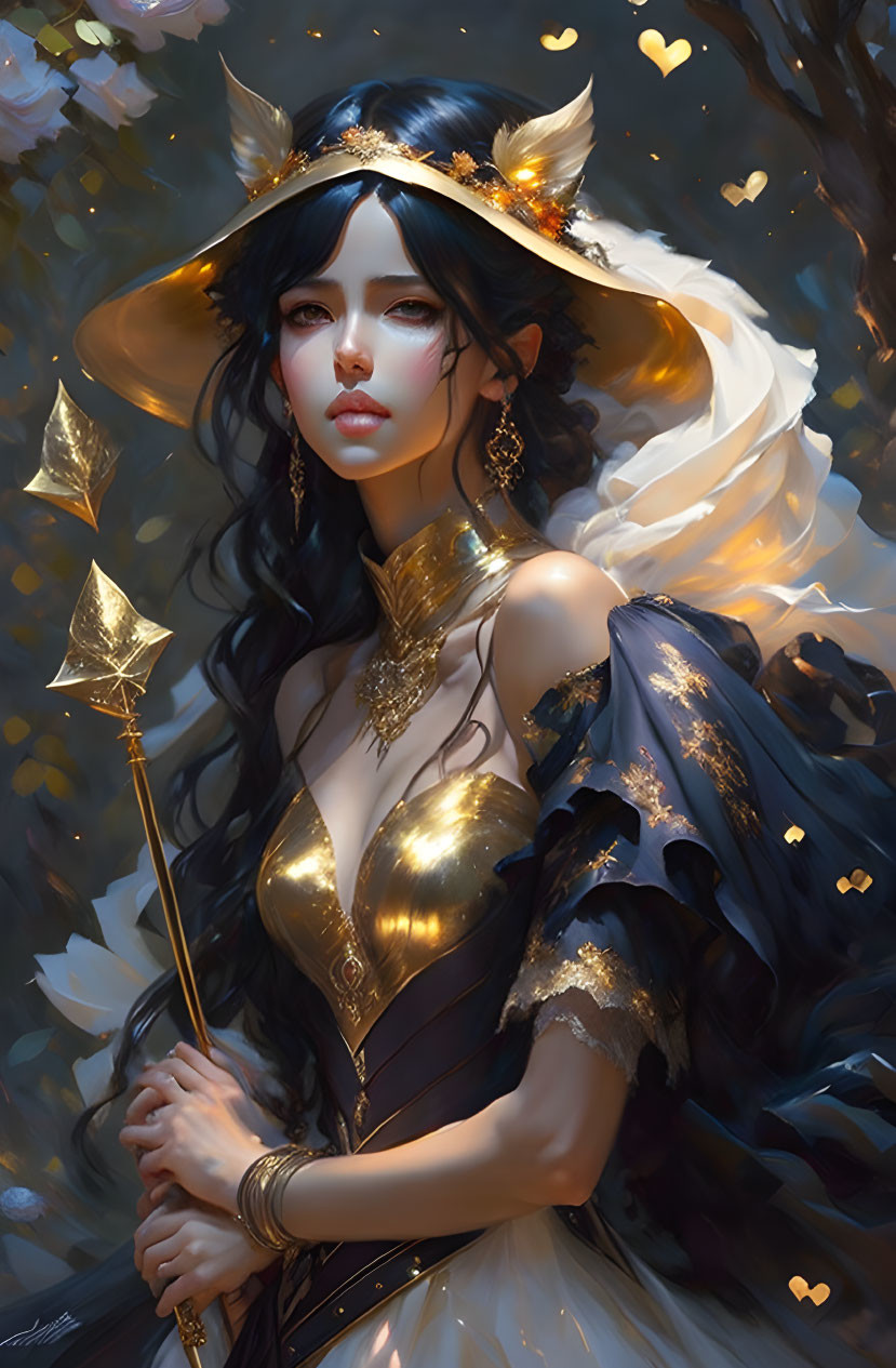 Fantasy illustration of mystical woman in golden starry outfit