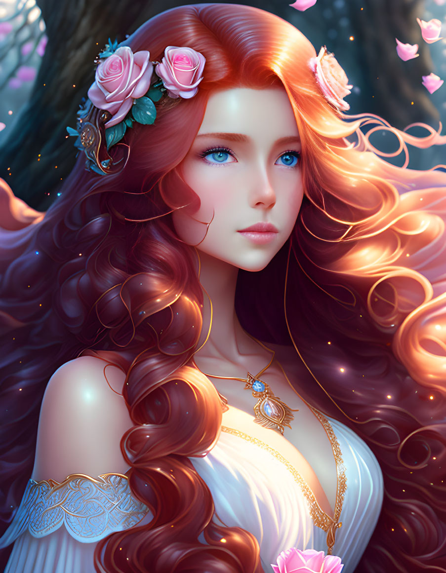 Digital Artwork: Woman with Auburn Hair, Roses, Butterflies, Blue Eyes, Gold Necklace,