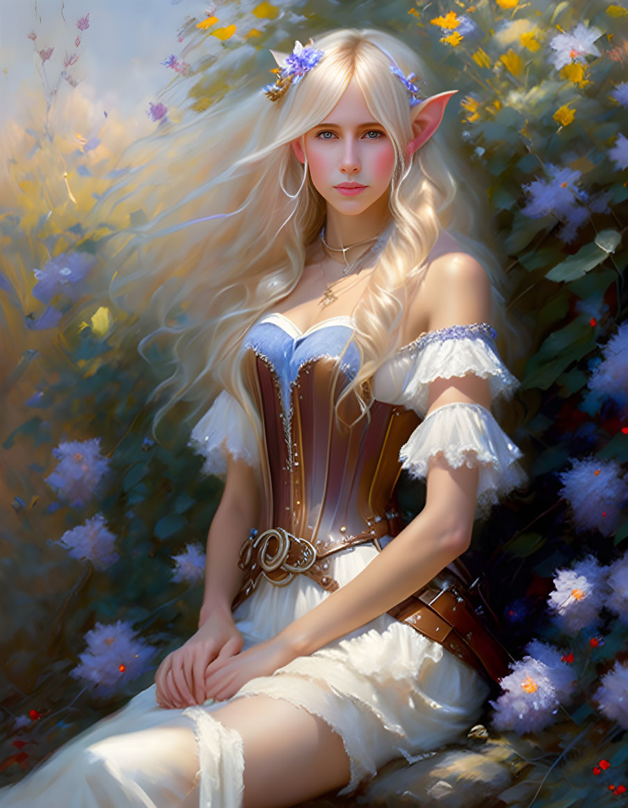 Fantasy illustration of an elfin woman with long blond hair and floral circlet in medieval-style dress