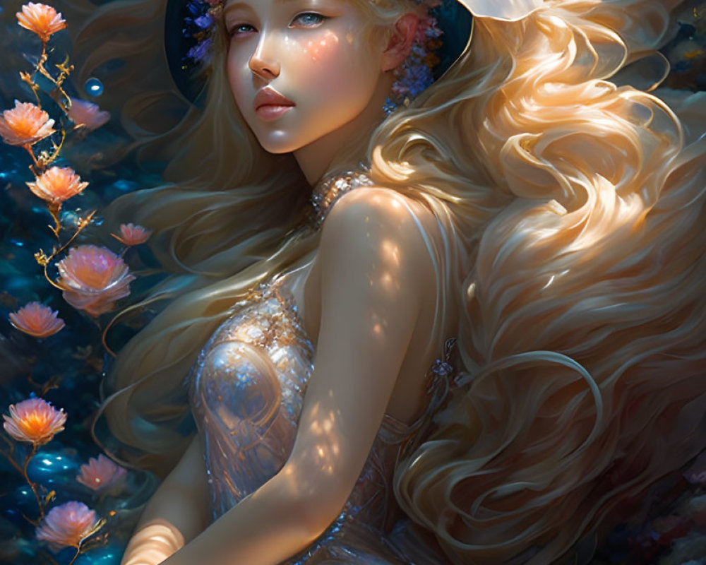 Ethereal figure with golden hair and floral halo in underwater setting