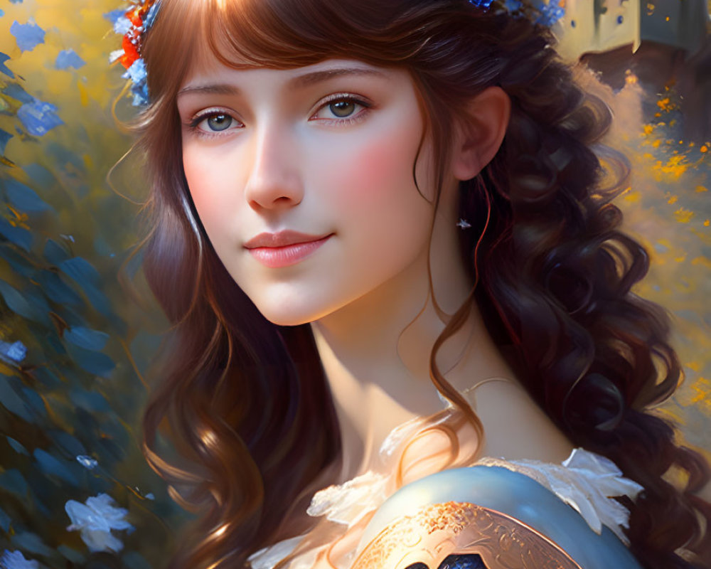 Digital portrait of young woman with wavy hair, blue and red flowers, medieval attire, and blurred
