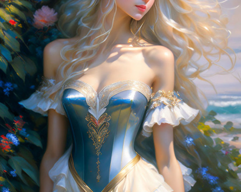 Blonde woman in ornate corset dress among nature.