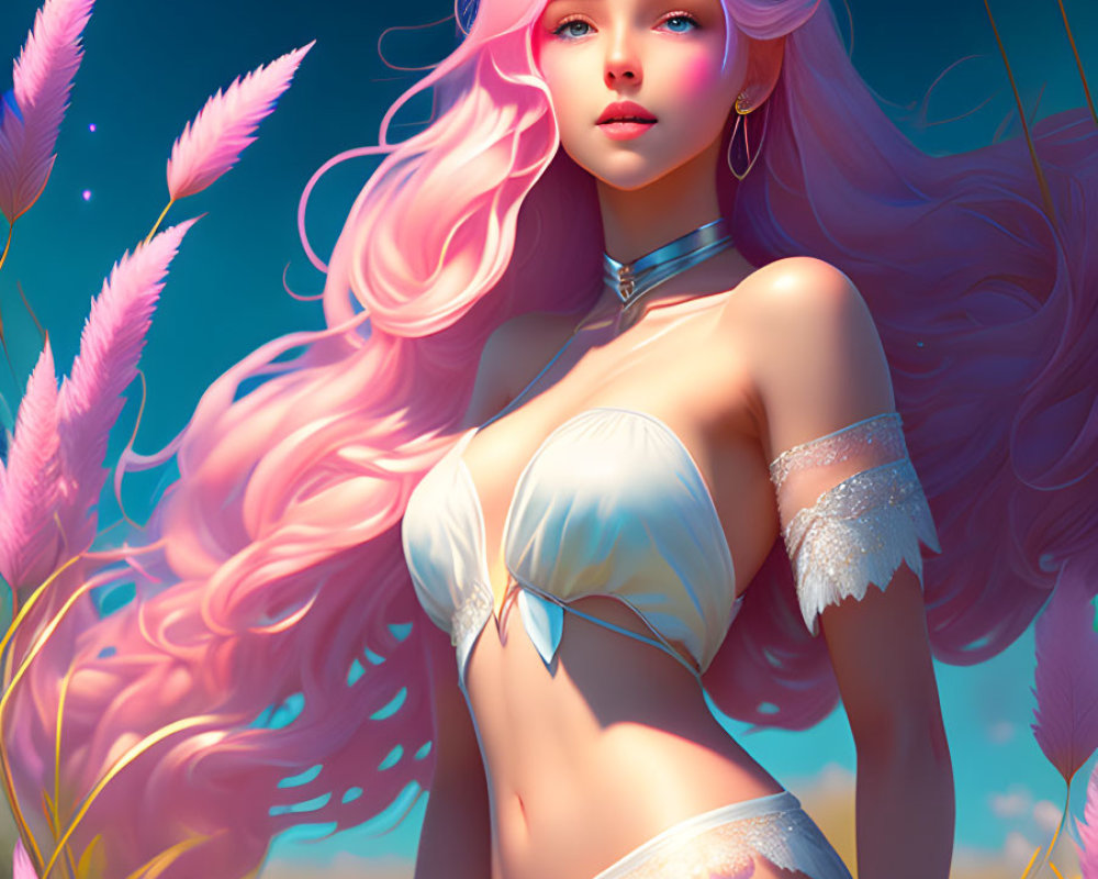 Digital artwork: Woman with pink hair and blue eyes in fantasy outfit, surrounded by purple flora in a