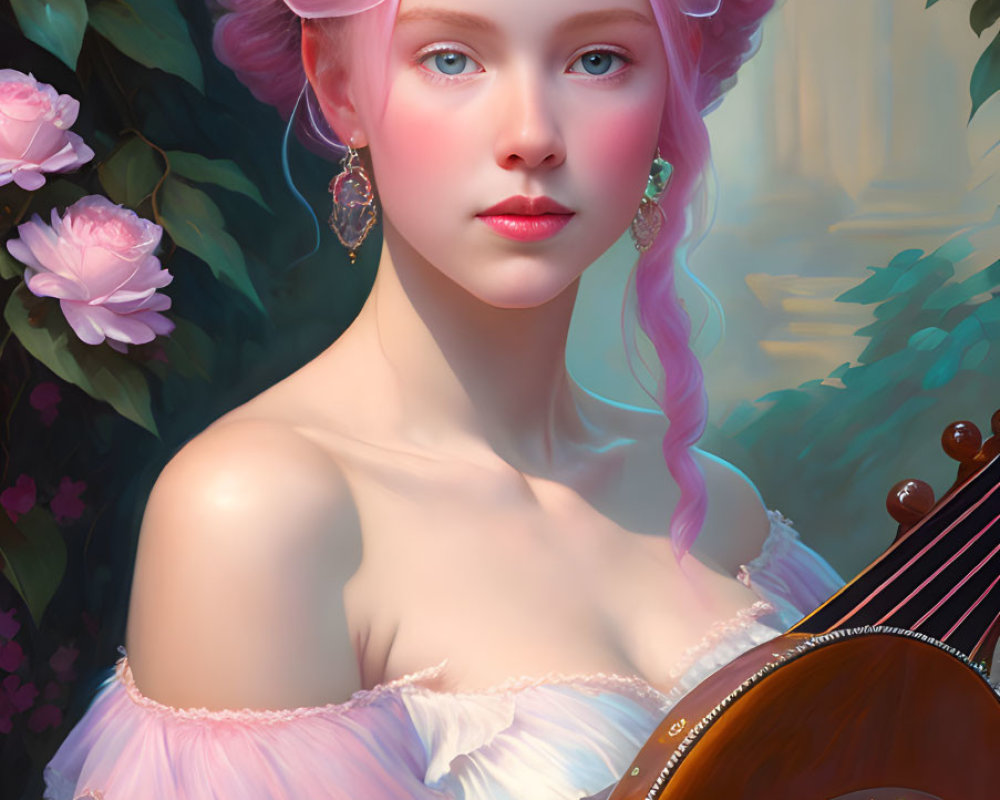 Digital artwork: Woman with pink hair playing harp in flower-filled setting