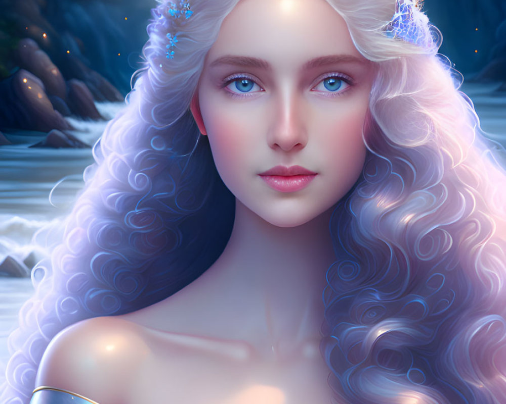 Fantasy digital portrait of a woman with silver hair and blue eyes