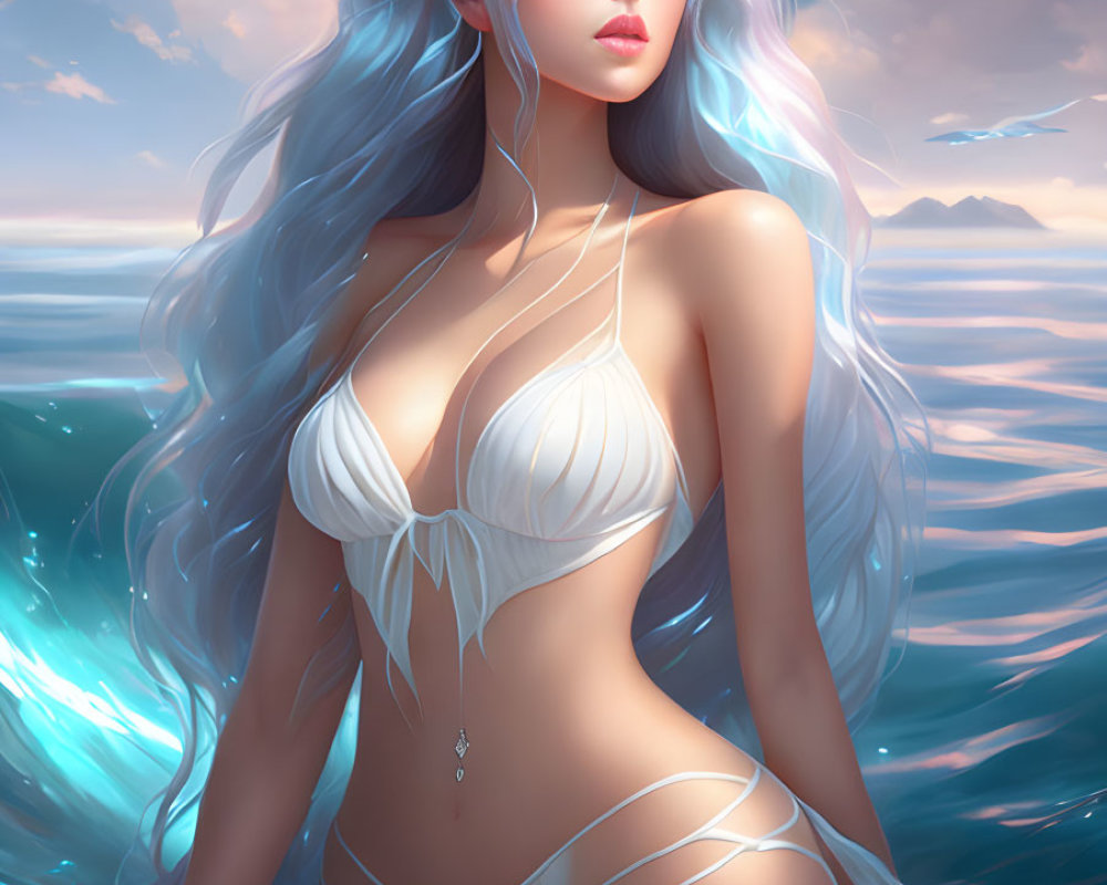 Digital Art: Woman with Blue Hair in White Bikini by the Sea