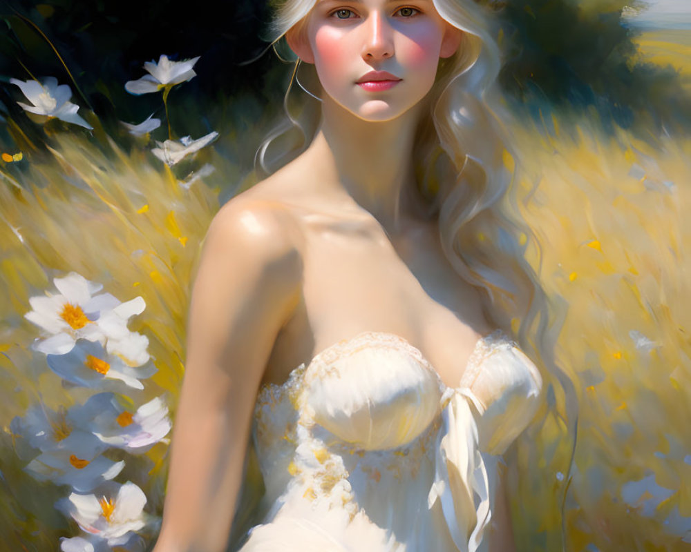 Woman with Flower Wreath in White Flower Field wearing White Dress