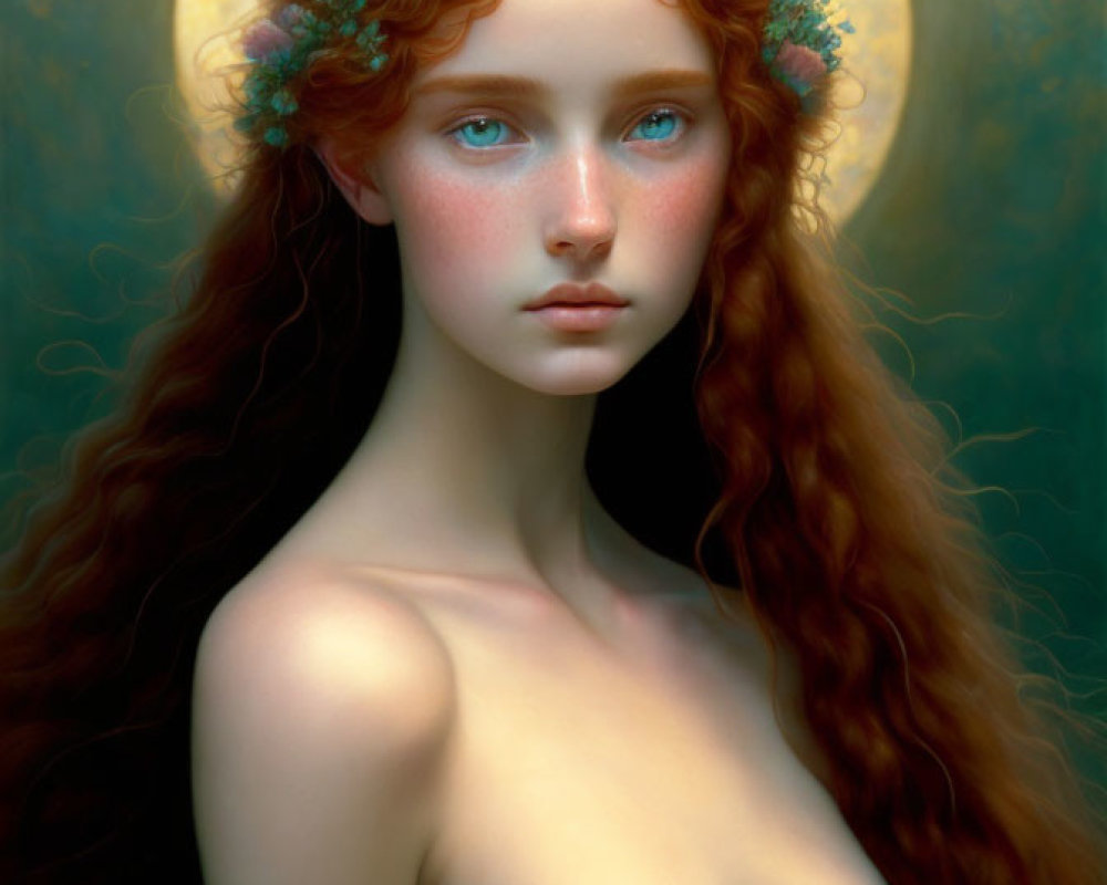 Digital Artwork: Woman with Red Hair, Blue Eyes, Golden Halo, Floral Adornments,