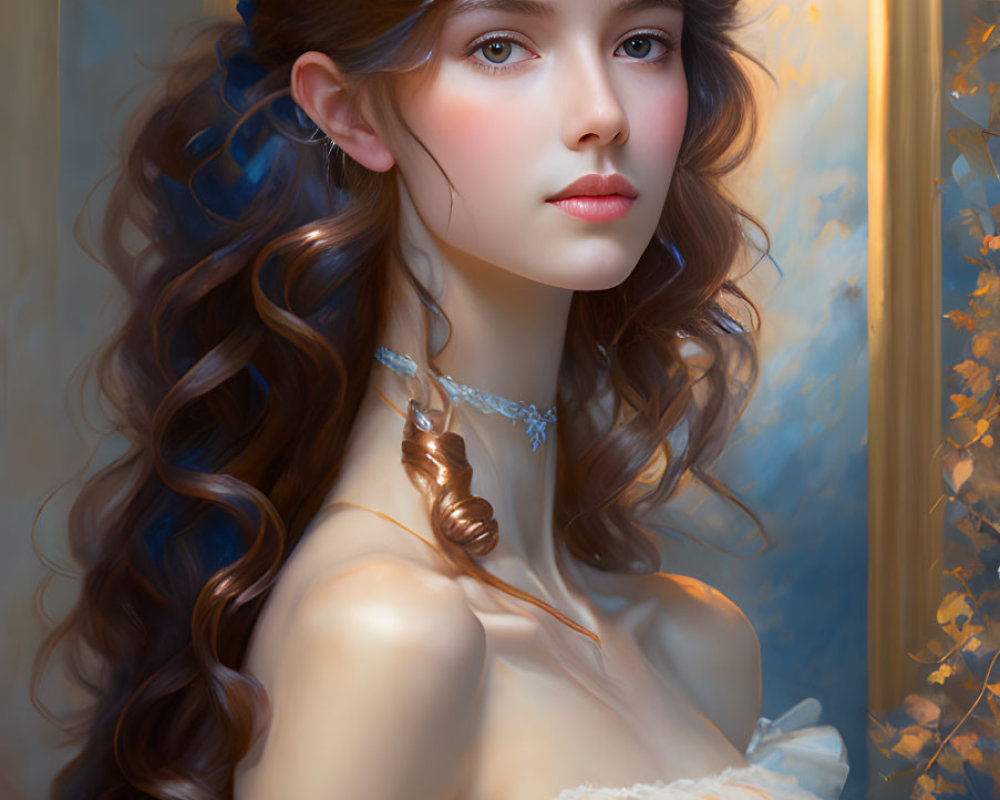 Digital Artwork: Woman with Curly Hair, Blue Eyes, White Dress, Blue Flower & Necklace