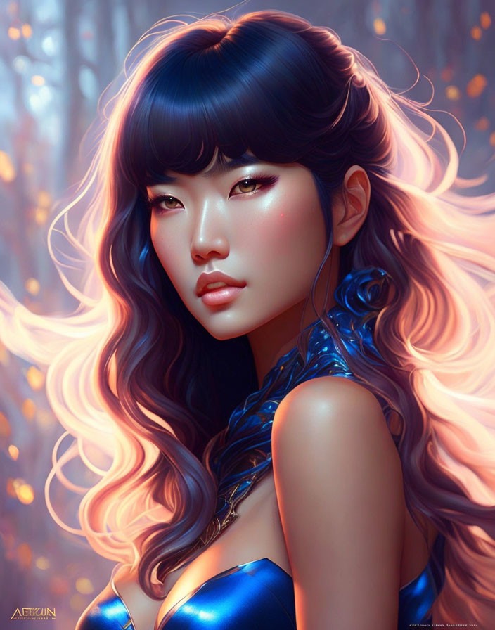 Digital artwork of woman with dark hair and glowing skin in blue outfit against autumn forest.