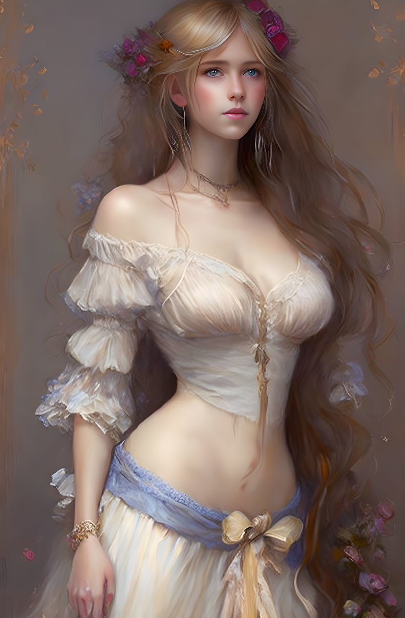 Illustrated portrait of woman in white off-shoulder dress with long wavy hair and blue eyes