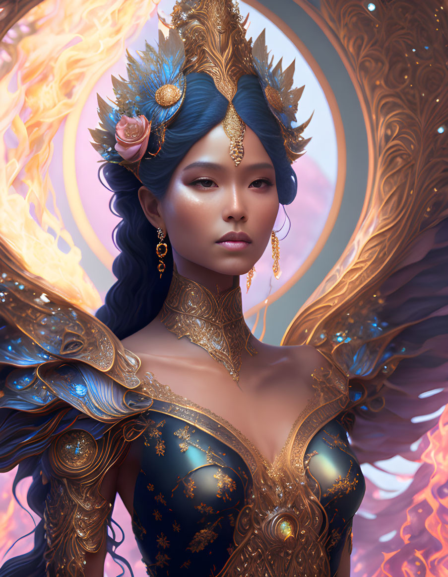 Ethereal figure with blue hair and ornate crown in swirling gold flames